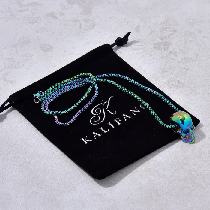 Kalifano Necklaces Aurora Borealis Skull Steel Hearts Necklace