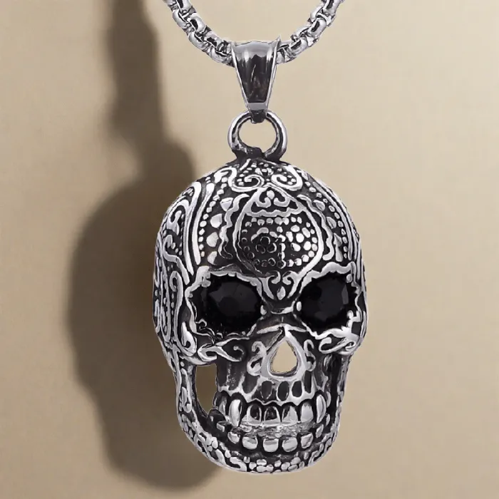 Kalifano Necklaces Steel Hearts Skull with Black Gemstone Necklace