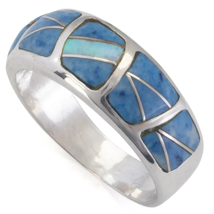 Kalifano Rings Denim Lapis 925 Sterling Silver Ring Handmade with Laboratory Opal Accent Kalifano Rings Denim Lapis 925 Sterling Silver Ring Handmade with Laboratory Opal Accent