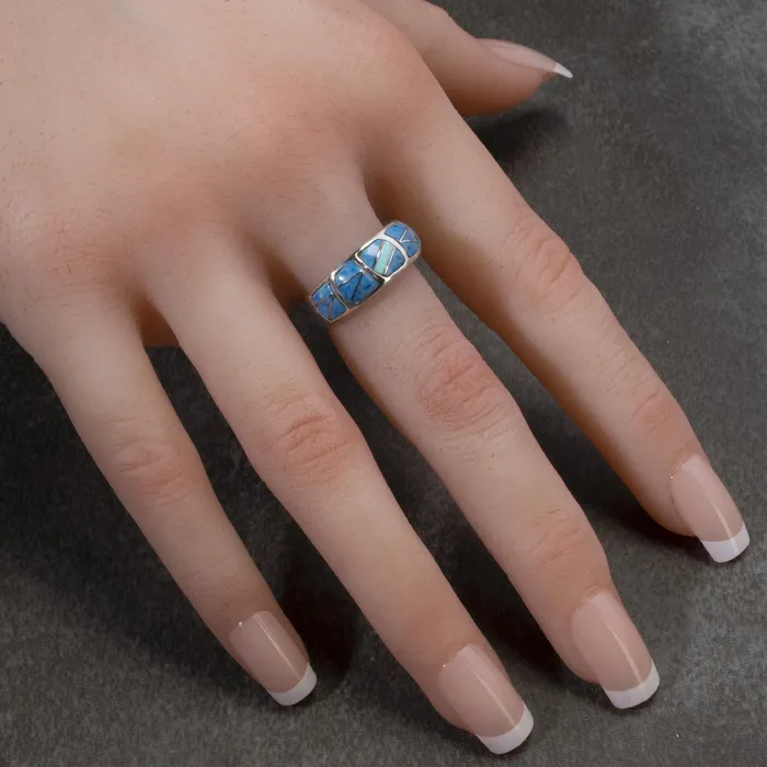 Kalifano Rings Denim Lapis 925 Sterling Silver Ring Handmade with Laboratory Opal Accent