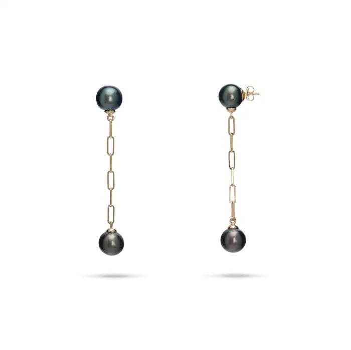 Maui Divers Jewelry Earrings Tahitian Black Pearl Paperclip Chain Earrings in Gold 911mm