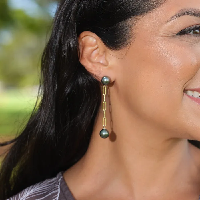Maui Divers Jewelry Earrings Tahitian Black Pearl Paperclip Chain Earrings in Gold 911mm