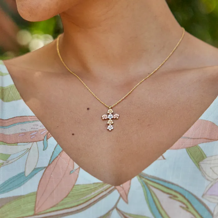 Maui Divers Jewelry Necklaces Plumeria Cross Pendant with Diamonds in Tri Color Gold 25mm