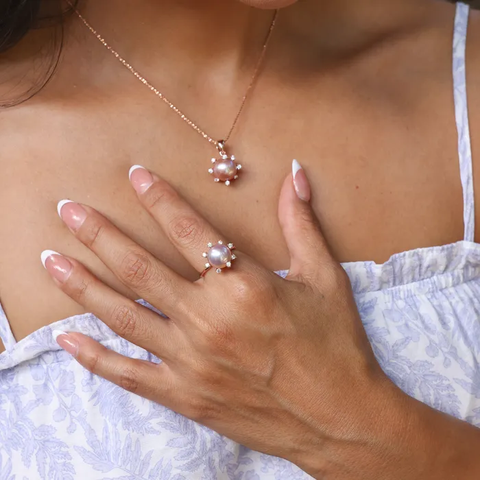 Maui Divers Jewelry Rings Protea Lilac Freshwater Pearl Ring in Rose Gold with Diamonds 1011mm