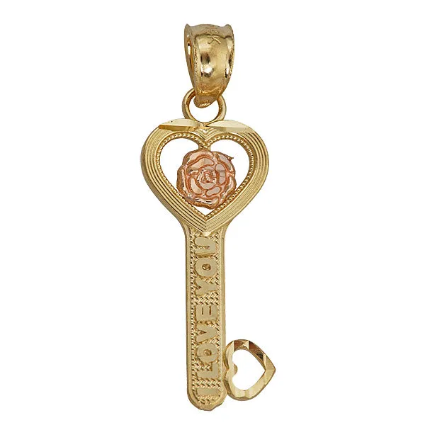 Necklaces DecadenceJewelry 14K Yellow Rose Gold I Love You Rose Heart Key Pendant Necklaces DecadenceJewelry 14K Yellow Rose Gold I Love You Rose Heart Key Pendant