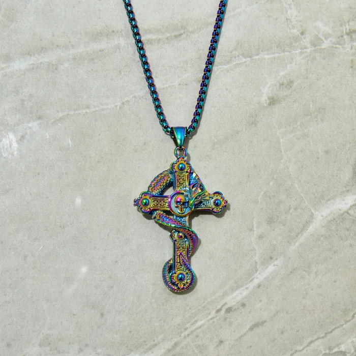 Necklaces Kalifano Aurora Borealis Dragon Cross Steel Hearts Necklace