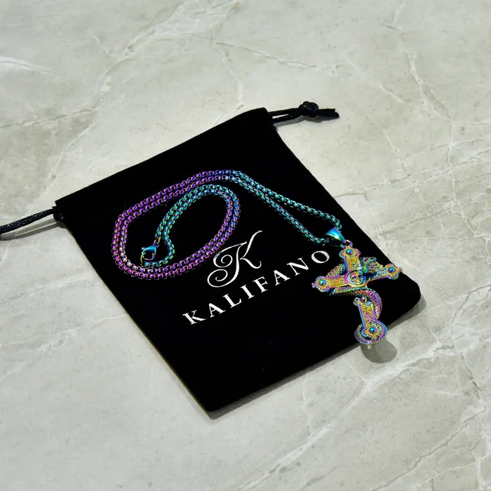 Necklaces Kalifano Aurora Borealis Dragon Cross Steel Hearts Necklace