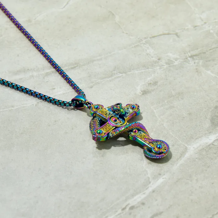 Necklaces Kalifano Aurora Borealis Dragon Cross Steel Hearts Necklace