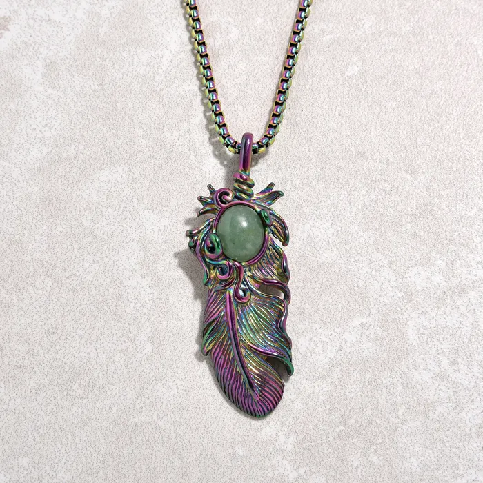 Necklaces Kalifano Aurora Borealis Feather Steel Hearts Necklace
