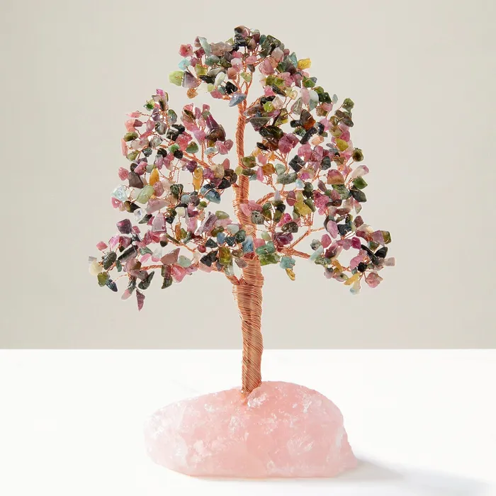 Necklaces Kalifano Tourmaline Tree of Life on Rose Quartz Base with 414 Natural Gemstones Necklaces Kalifano Tourmaline Tree of Life on Rose Quartz Base with 414 Natural Gemstones