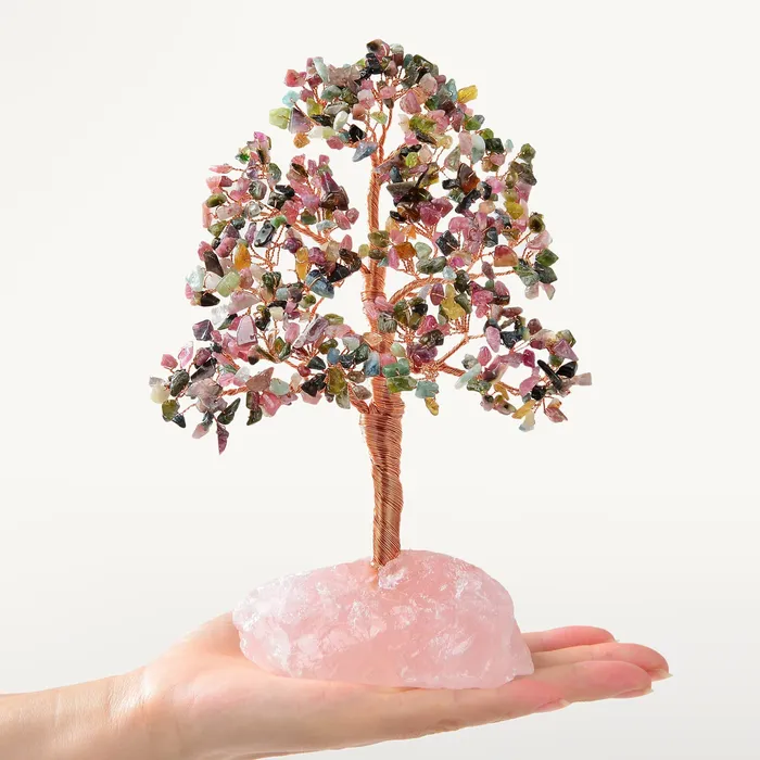 Necklaces Kalifano Tourmaline Tree of Life on Rose Quartz Base with 414 Natural Gemstones