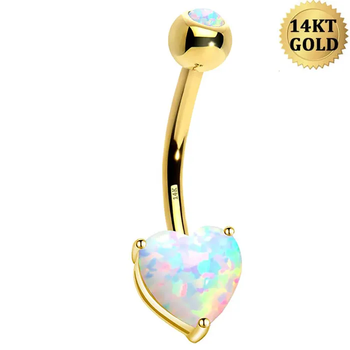 OUFER BODY JEWELRY Rings 14K Gold Heart Opal Belly Button Ring 14G Navel Ring OUFER BODY JEWELRY Rings 14K Gold Heart Opal Belly Button Ring 14G Navel Ring