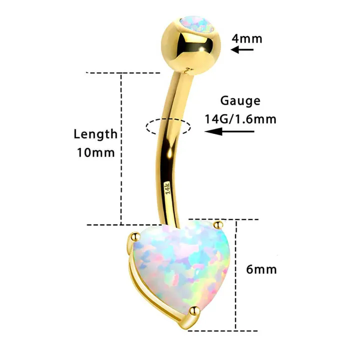 OUFER BODY JEWELRY Rings 14K Gold Heart Opal Belly Button Ring 14G Navel Ring OUFER BODY JEWELRY Rings 14K Gold Heart Opal Belly Button Ring 14G Navel Ring