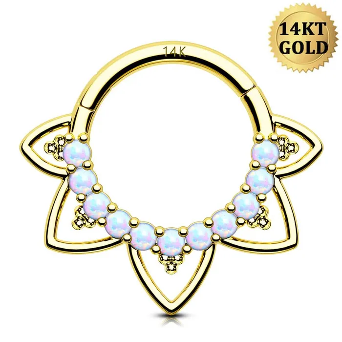 OUFER BODY JEWELRY Rings 14K Solid Gold Opal Lotus Flower Hinged Septum Ring