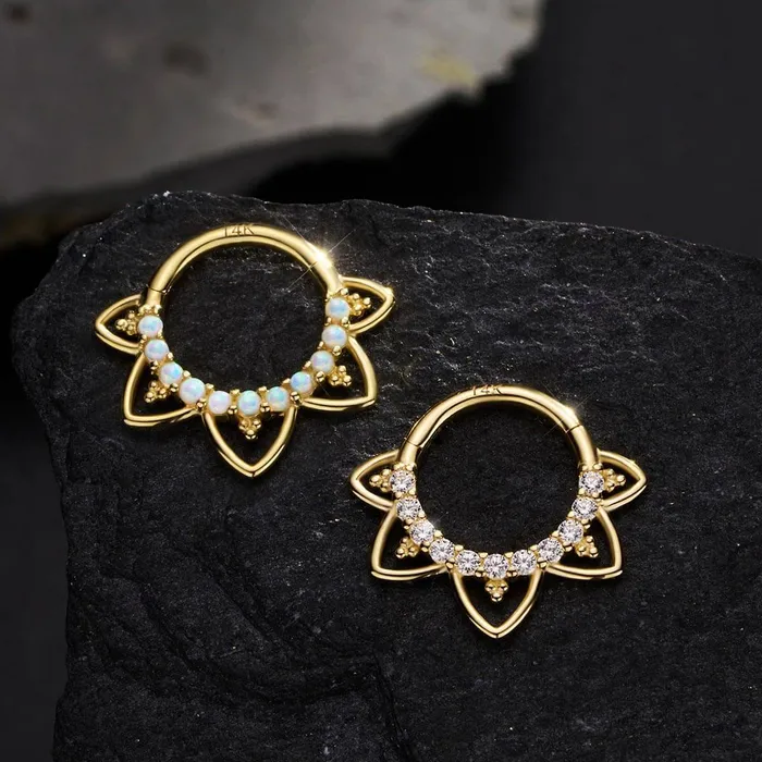 OUFER BODY JEWELRY Rings 14K Solid Gold Opal Lotus Flower Hinged Septum Ring OUFER BODY JEWELRY Rings 14K Solid Gold Opal Lotus Flower Hinged Septum Ring