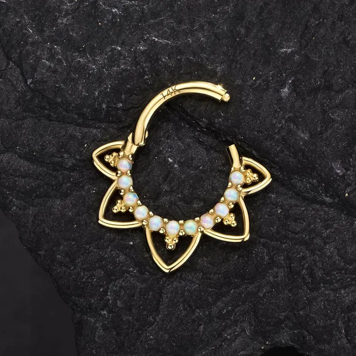 OUFER BODY JEWELRY Rings 14K Solid Gold Opal Lotus Flower Hinged Septum Ring OUFER BODY JEWELRY Rings 14K Solid Gold Opal Lotus Flower Hinged Septum Ring