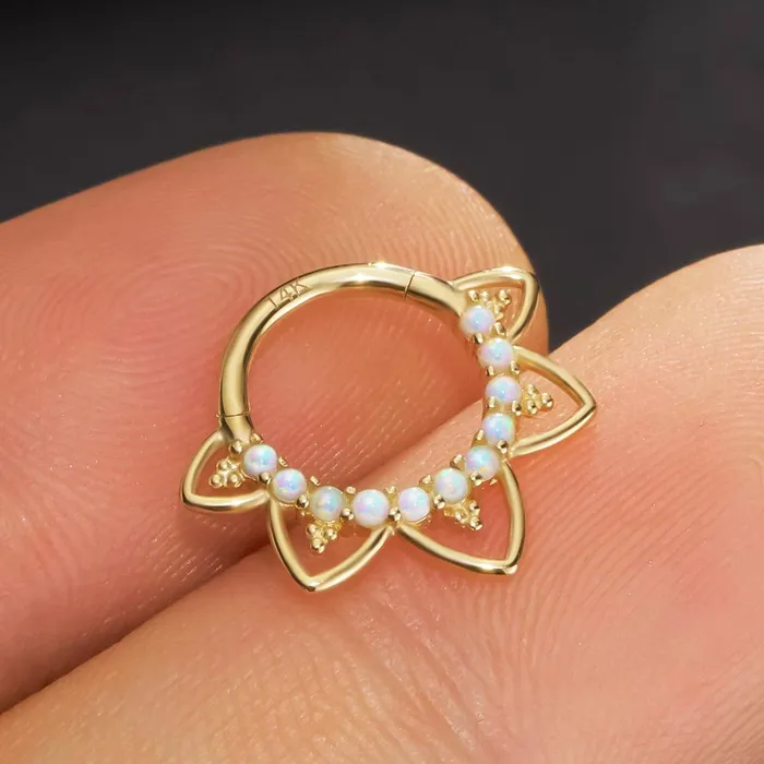 OUFER BODY JEWELRY Rings 14K Solid Gold Opal Lotus Flower Hinged Septum Ring OUFER BODY JEWELRY Rings 14K Solid Gold Opal Lotus Flower Hinged Septum Ring