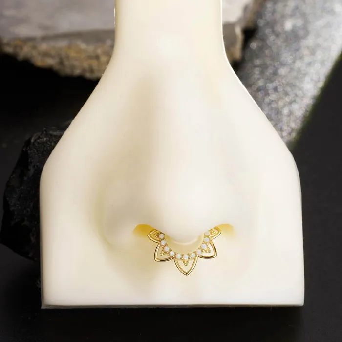 OUFER BODY JEWELRY Rings 14K Solid Gold Opal Lotus Flower Hinged Septum Ring OUFER BODY JEWELRY Rings 14K Solid Gold Opal Lotus Flower Hinged Septum Ring