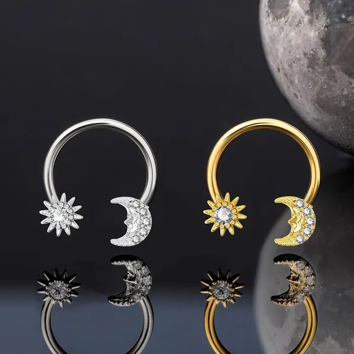 OUFER BODY JEWELRY Rings 16G Moon Face and Sun Pendant Horseshoe Septum Ring OUFER BODY JEWELRY Rings 16G Moon Face and Sun Pendant Horseshoe Septum Ring