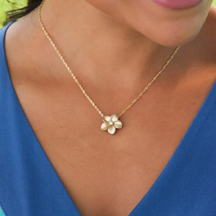 Plumeria Pendant in Gold with Diamond 16mm Maui Divers Jewelry Necklaces