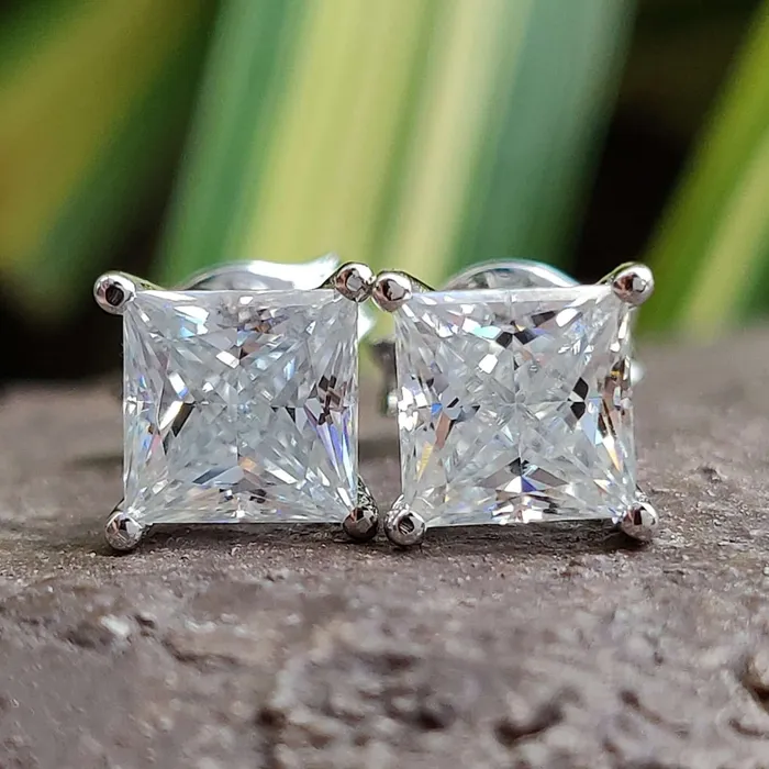 Princess Cut Colorless Moissanite 4 prong Stud Earrings Push Back Diamondrensu Earrings Princess Cut Colorless Moissanite 4 prong Stud Earrings Push Back Diamondrensu Earrings