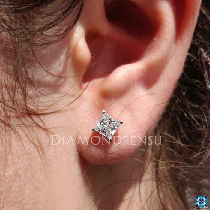 Princess Cut Colorless Moissanite 4 prong Stud Earrings Push Back Diamondrensu Earrings Princess Cut Colorless Moissanite 4 prong Stud Earrings Push Back Diamondrensu Earrings