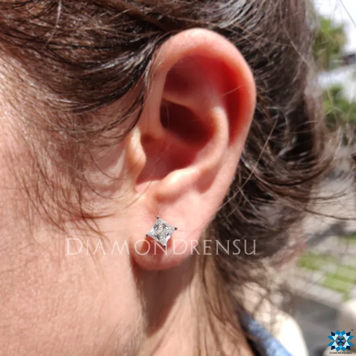 Princess Cut Colorless Moissanite 4 prong Stud Earrings Push Back Diamondrensu Earrings Princess Cut Colorless Moissanite 4 prong Stud Earrings Push Back Diamondrensu Earrings