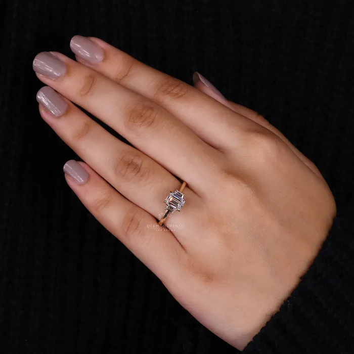 Rings Diamondrensu 101 CT Emerald Cut Lab Grown Diamond Ring Side Trapezoid Three Stone Diamond Ring