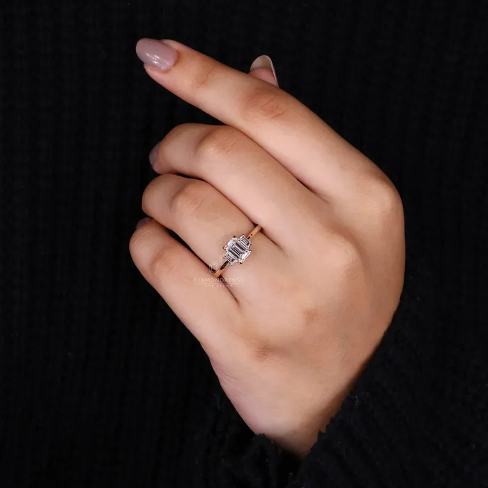 Rings Diamondrensu 101 CT Emerald Cut Lab Grown Diamond Ring Side Trapezoid Three Stone Diamond Ring