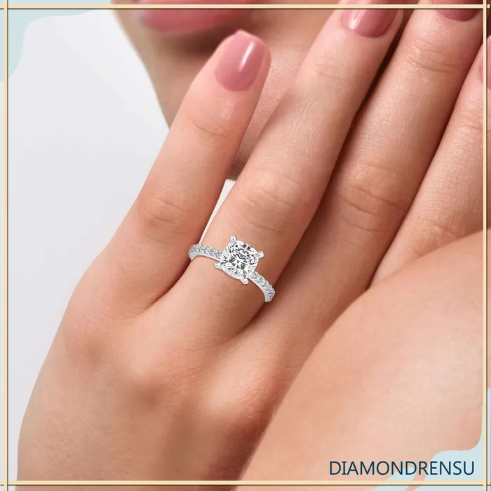 Rings Diamondrensu Cushion Cut Diamond Ring Pave Diamond Band Diamondrensu