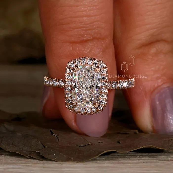 Rings Diamondrensu Elongated Cushion Cut Diamond Halo Engagement Ring
