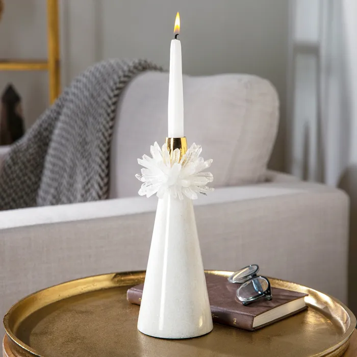 Rings KALIFANO Quartz Cluster Candle Holder on Marble Base with Brass Ring