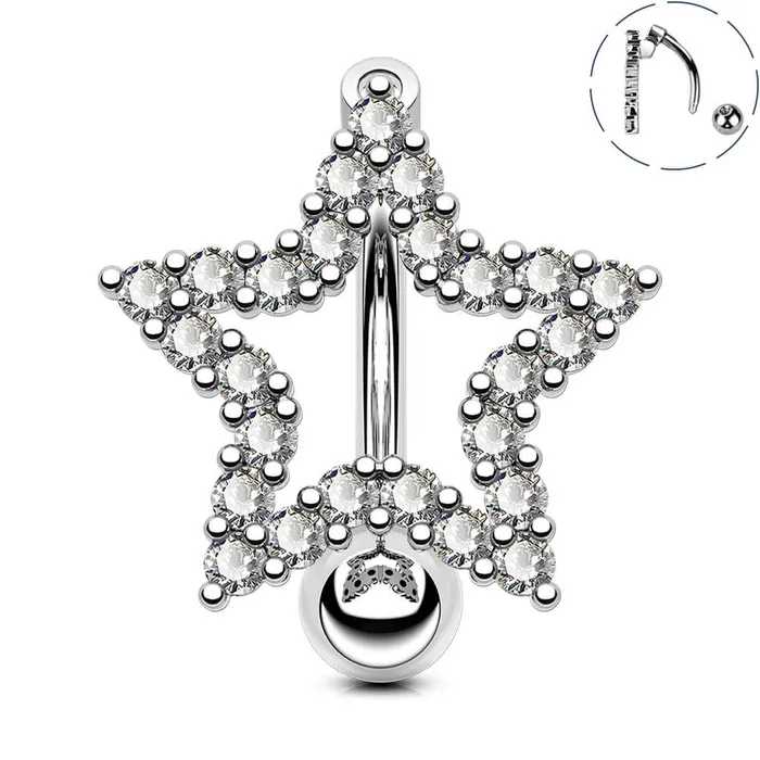 Rings OUFER BODY JEWELRY 14G Star Shape Clear CZ Reverse Dangle Belly Ring