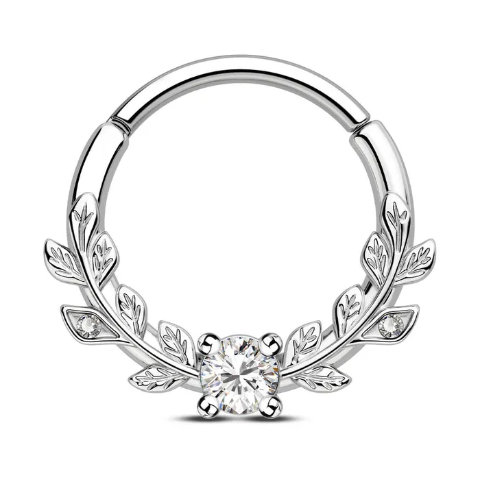 Rings OUFER BODY JEWELRY 16G Symmetrical Leaves Clear CZ Septum Daith Ring