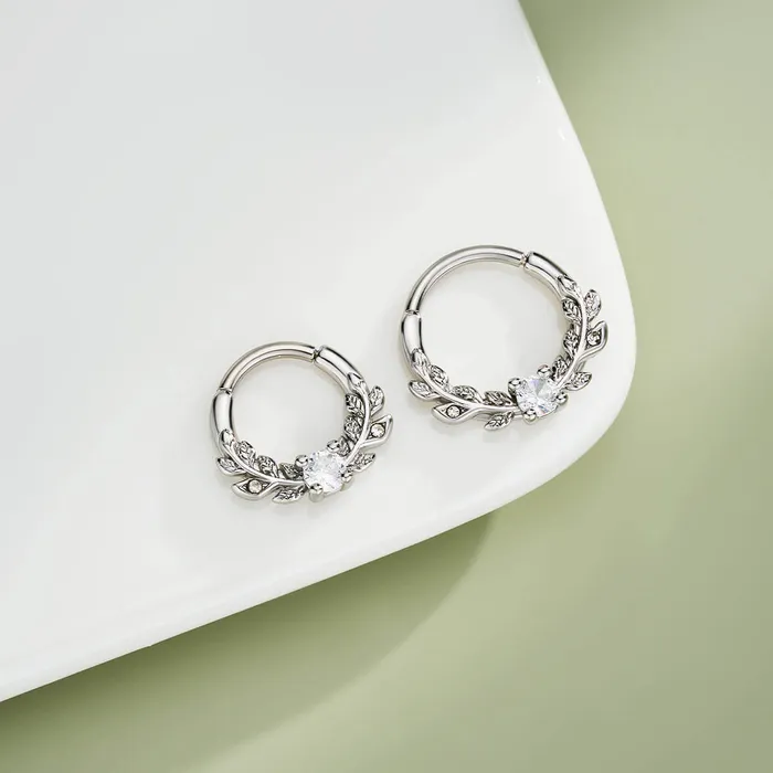 Rings OUFER BODY JEWELRY 16G Symmetrical Leaves Clear CZ Septum Daith Ring Rings OUFER BODY JEWELRY 16G Symmetrical Leaves Clear CZ Septum Daith Ring