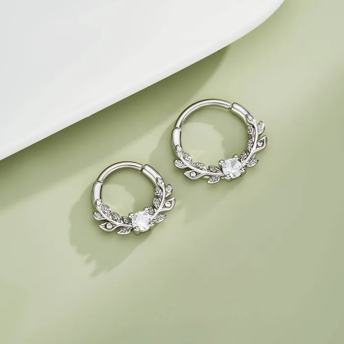 Rings OUFER BODY JEWELRY 16G Symmetrical Leaves Clear CZ Septum Daith Ring Rings OUFER BODY JEWELRY 16G Symmetrical Leaves Clear CZ Septum Daith Ring