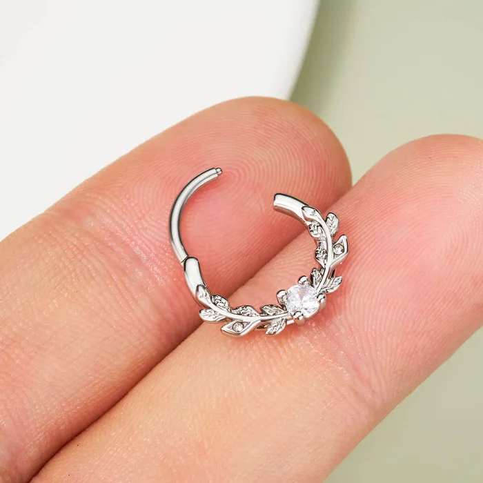 Rings OUFER BODY JEWELRY 16G Symmetrical Leaves Clear CZ Septum Daith Ring Rings OUFER BODY JEWELRY 16G Symmetrical Leaves Clear CZ Septum Daith Ring