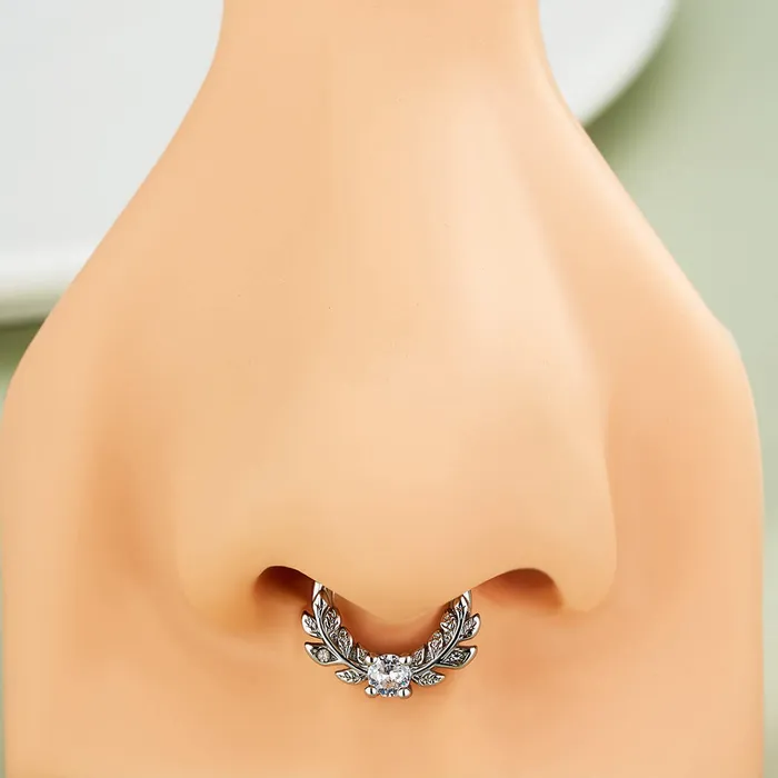 Rings OUFER BODY JEWELRY 16G Symmetrical Leaves Clear CZ Septum Daith Ring Rings OUFER BODY JEWELRY 16G Symmetrical Leaves Clear CZ Septum Daith Ring