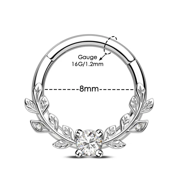 Rings OUFER BODY JEWELRY 16G Symmetrical Leaves Clear CZ Septum Daith Ring Rings OUFER BODY JEWELRY 16G Symmetrical Leaves Clear CZ Septum Daith Ring