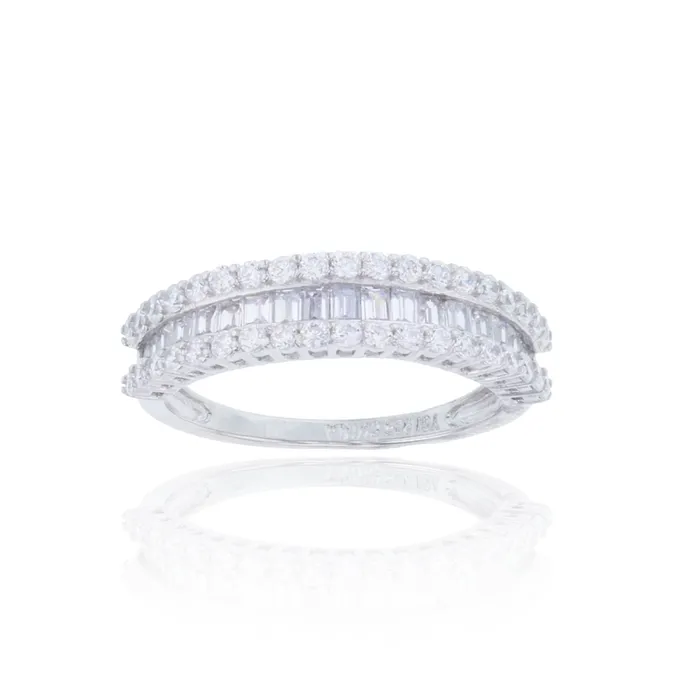 Rings Silver Sterling Silver Rhodium 3 Row Baguette Round Cubic Zirconia Wedding Band Rings Silver Sterling Silver Rhodium 3 Row Baguette Round Cubic Zirconia Wedding Band