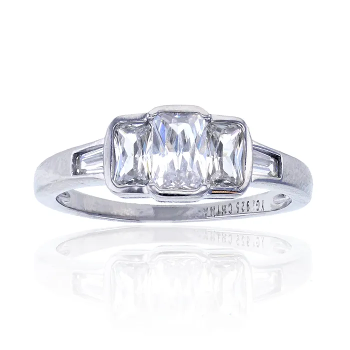 Rings Sterling Silver Rhodium ThreeStone Emerald Cut Anniversary Ring Silver