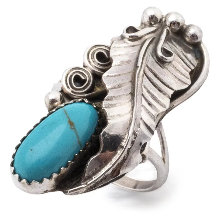 Ronnie Martinez Navajo Turquoise with Feather USA Native American Made 925 Sterling Silver Ring Kalifano Rings Ronnie Martinez Navajo Turquoise with Feather USA Native American Made 925 Sterling Silver Ring Kalifano Rings