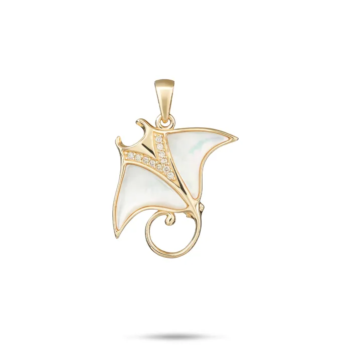 Sealife Manta Ray Mother of Pearl Pendant in Gold with Diamonds 21mm Maui Divers Jewelry Necklaces