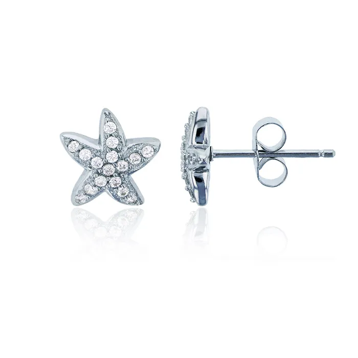 Silver Earrings Sterling Silver Rhodium 11mm Round Cubic Zirconia Starfish Stud Earring Silver Earrings Sterling Silver Rhodium 11mm Round Cubic Zirconia Starfish Stud Earring