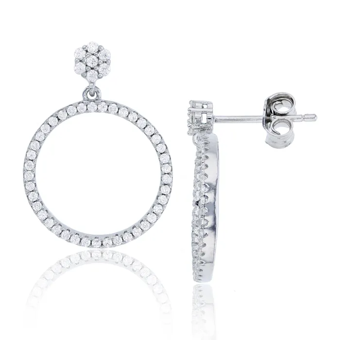 Silver Earrings Sterling Silver Rhodium 21x16mm Micropave Cluster Open Circle Dangling Earring Silver Earrings Sterling Silver Rhodium 21x16mm Micropave Cluster Open Circle Dangling Earring