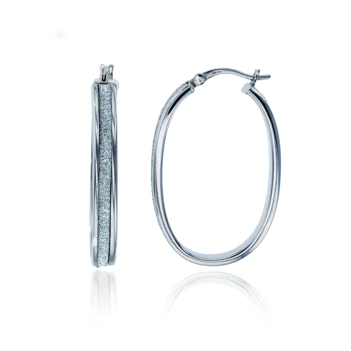 Silver Earrings Sterling Silver Rhodium 38x5mm Oval Gitter Hoop Earring