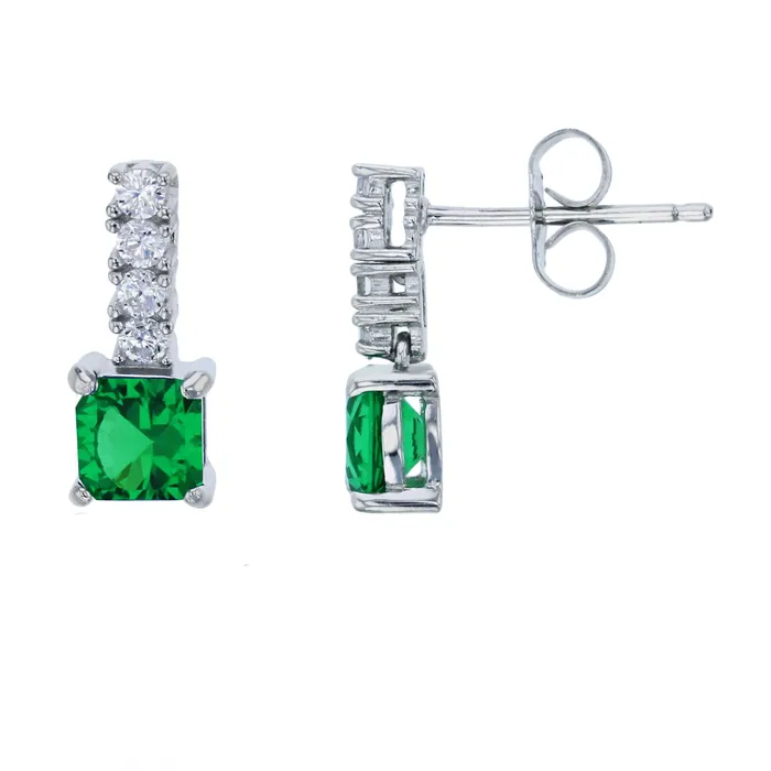 Silver Earrings Sterling Silver Rhodium 5mm Green Princess Drop Earring