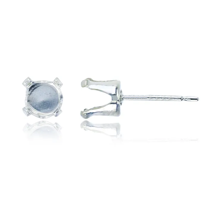 Silver Earrings Sterling Silver Rhodium 5mm Round Prong Snap Stud Finding Pair
