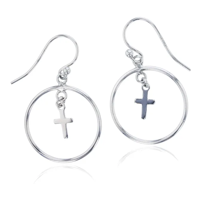 Silver Earrings Sterling Silver Rhodium Open Circle with Dangling Cross Earring Silver Earrings Sterling Silver Rhodium Open Circle with Dangling Cross Earring