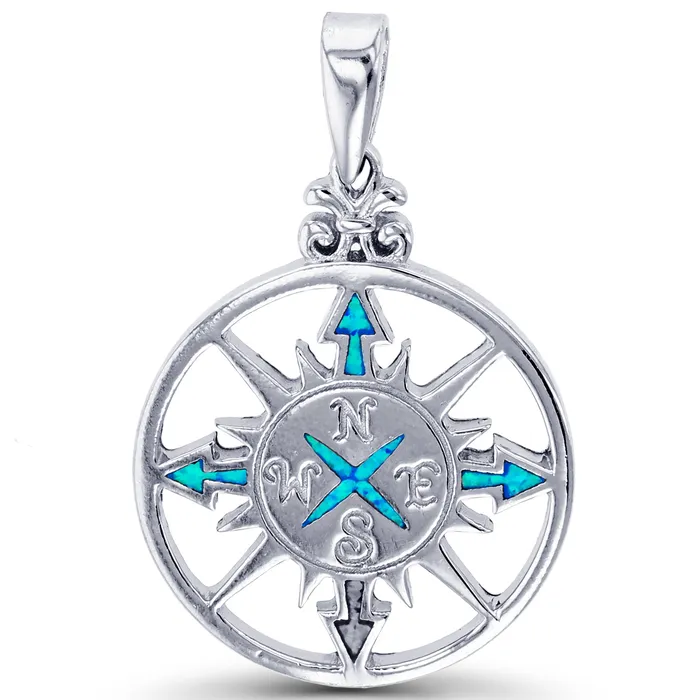 Silver Necklaces Sterling Silver Created Opal Compass Pendant